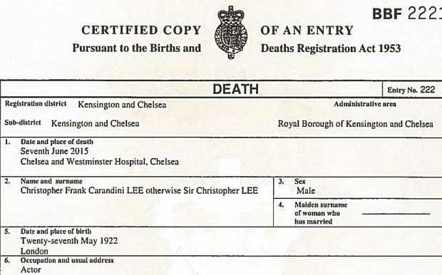 Christopher lee certificato morte