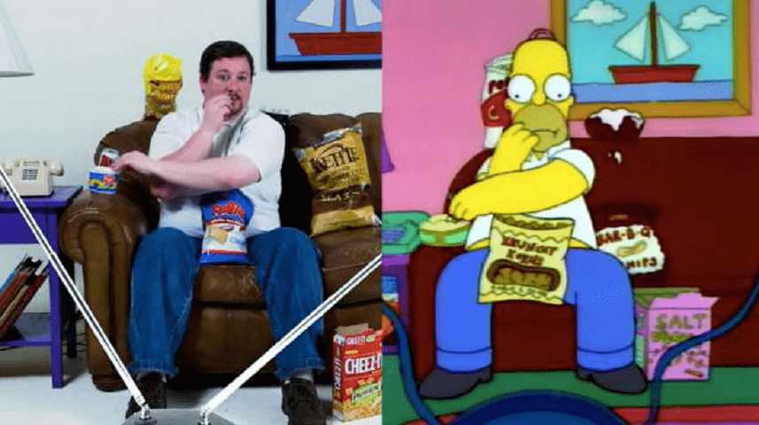 Uomo mangia come Homer Simpson