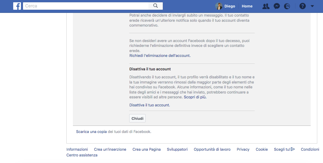 Cancellarsi Facebook pagina