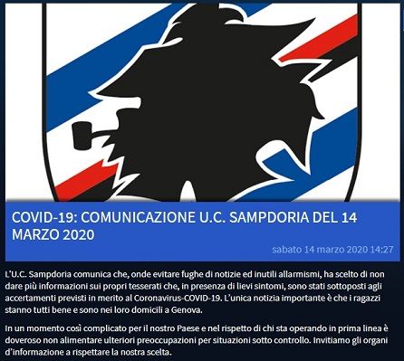 Comunicazione Sampdoria 14-03-2020