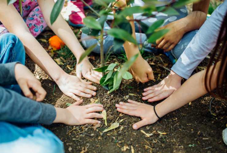Ragazzi che piantano un albero in occasione della Giornata mondiale della Terra