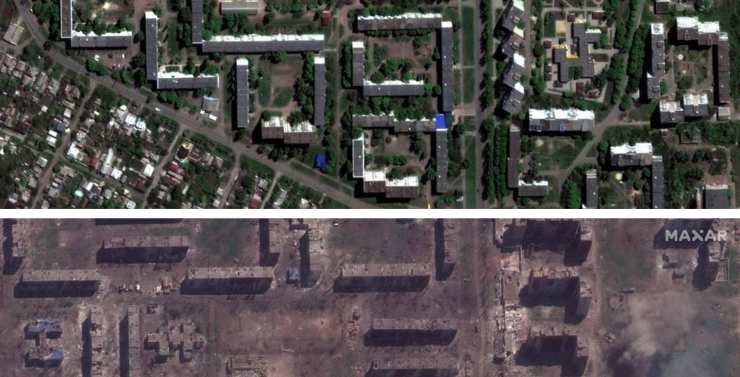 Città di Bakhmut prima e dopo gli attacchi russi