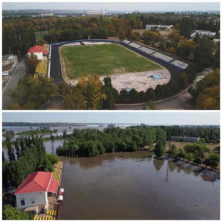 Lo stadio Energia di Nova Kaknovka prima e dopo la rottura della diga