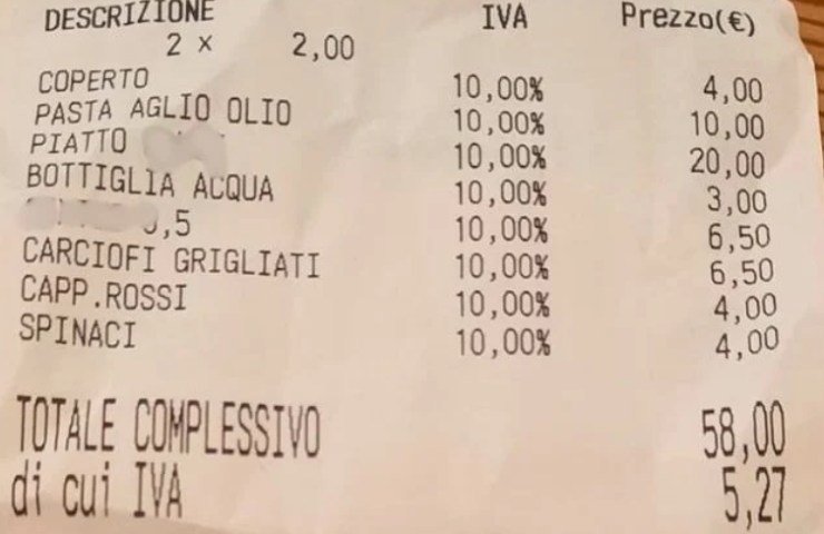 Lo scontrino della cena in Veneto